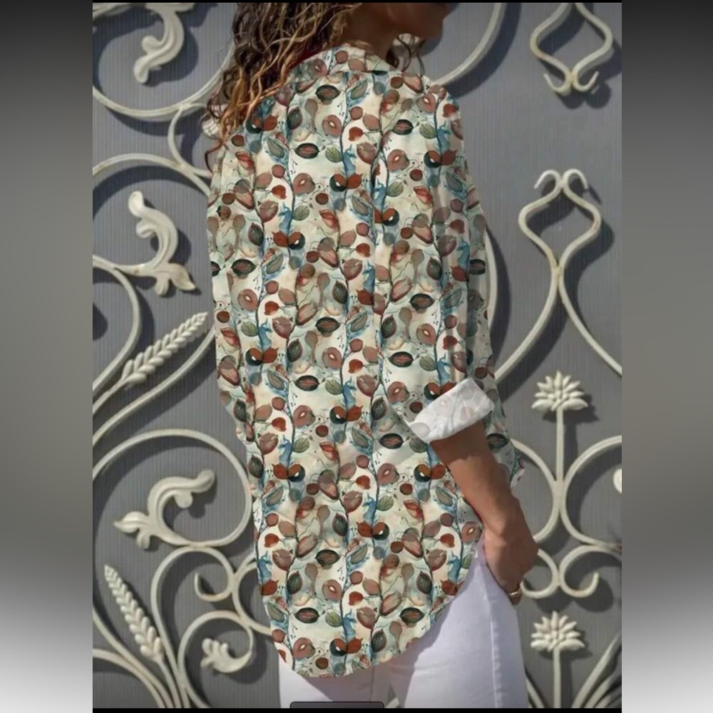 Boho Classic Printed Button-Up Long Sleeve Blouse Top Shirt Office - Picture 2 of 10